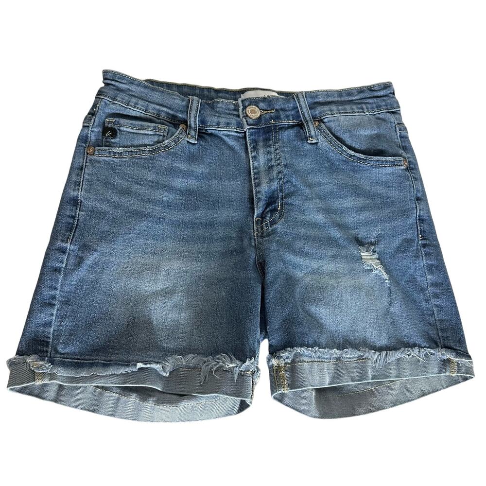 KanCan Women's Two Tone Distressed Jean Shorts Size 28 Rolled Hem Cuff